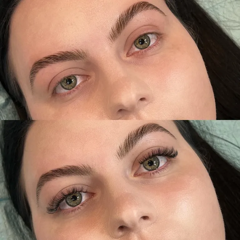 Before-and-after comparison showing natural lashes transformed with a soft cat-eye hybrid eyelash extension set by Made by Marissa.