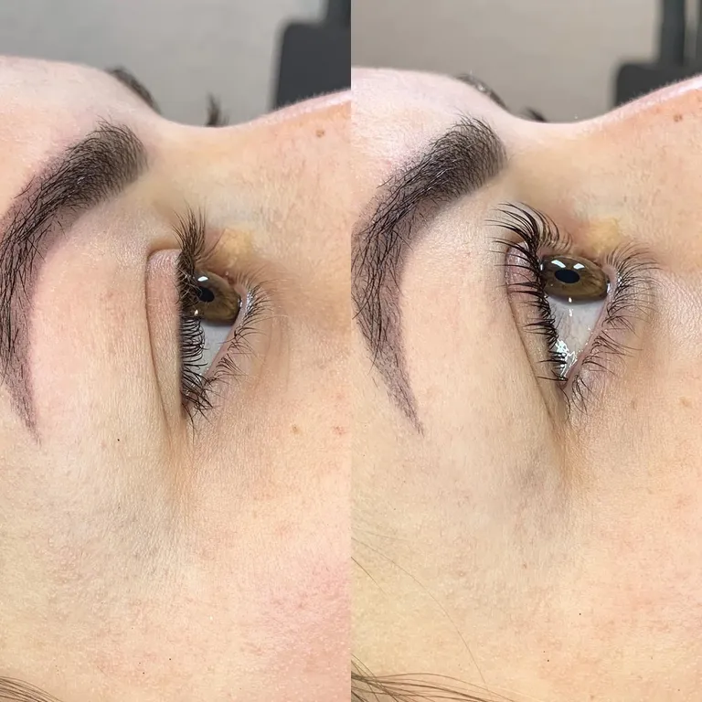 Before-and-after close-up showing straight natural lashes lifted into a defined upward curl by Made by Marissa.