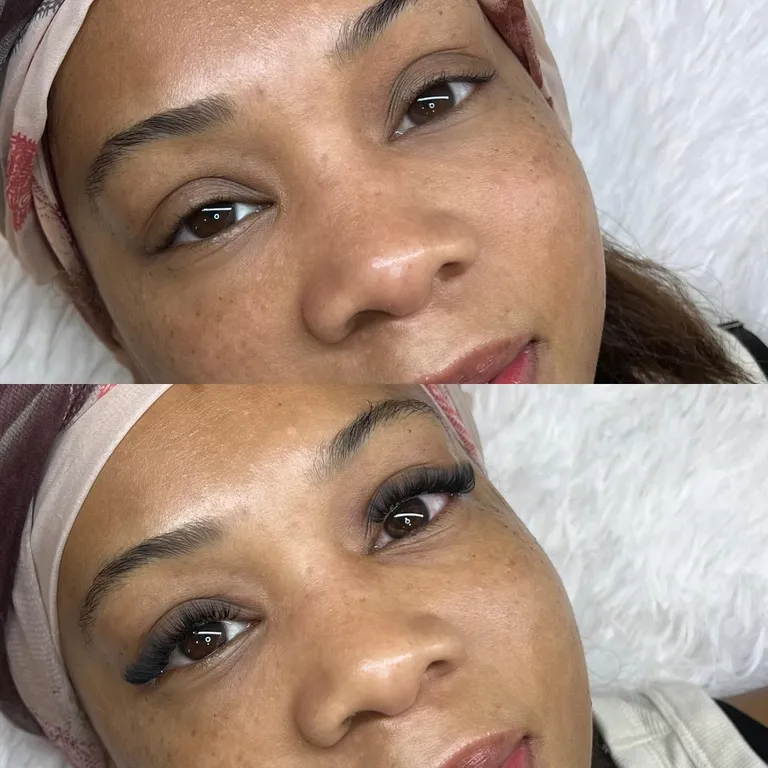 Before-and-after portrait showing natural lashes transformed with a full, tapered volume eyelash extension set by Made by Marissa.